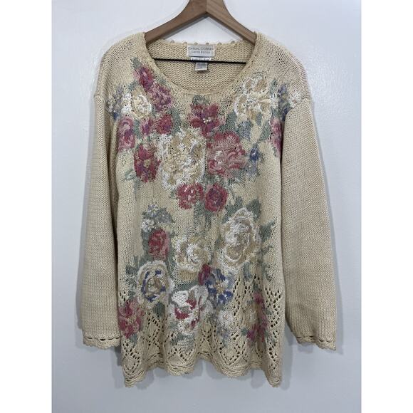 Vtg Hand Knit Chunky Ramie Floral Embroidery Grandma Garden Cottagecore Sweater - Picture 1 of 11